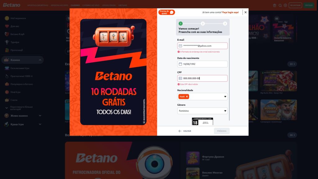 Betano casino register